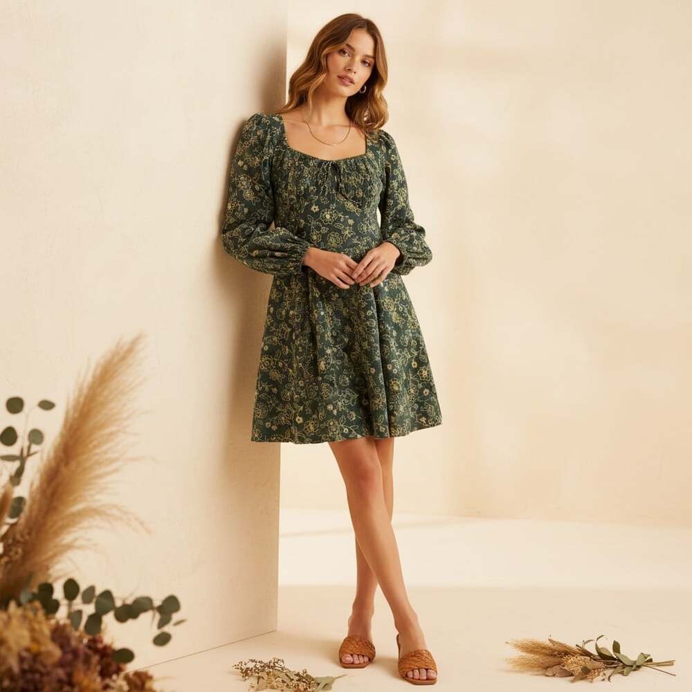 J.Crew Green Floral Long Sleeve Smocked Mini Dress Women Size 8